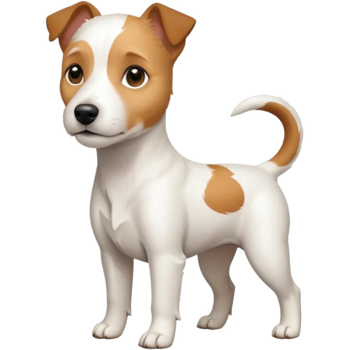 a full body white parson russell looking dog the size of a kelpie with light brown ears and a light brown patch on one eye and a large snout emoji