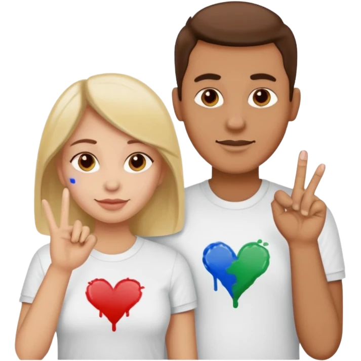 a couple the man has a shirt that says i love to finger paint and the womans shirt says am paint emoji