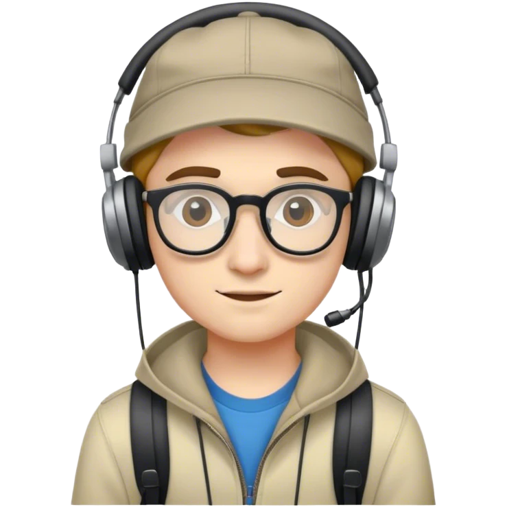 Joven viajero con gorra hacia atrás, gafas y Audífonos emoji