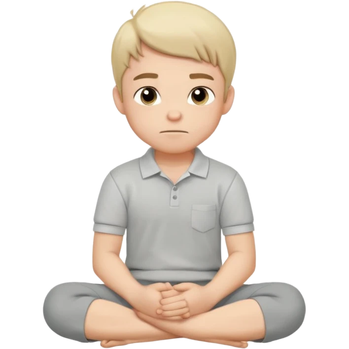 Cartoon boy sitting cross-legged, his fist pressed to his cheek, wearing a white polo and gray pants. He has a smug smirk, eyes looking forward. Clean lines, flat colors, solid black background, vector art, character sheet style. emoji