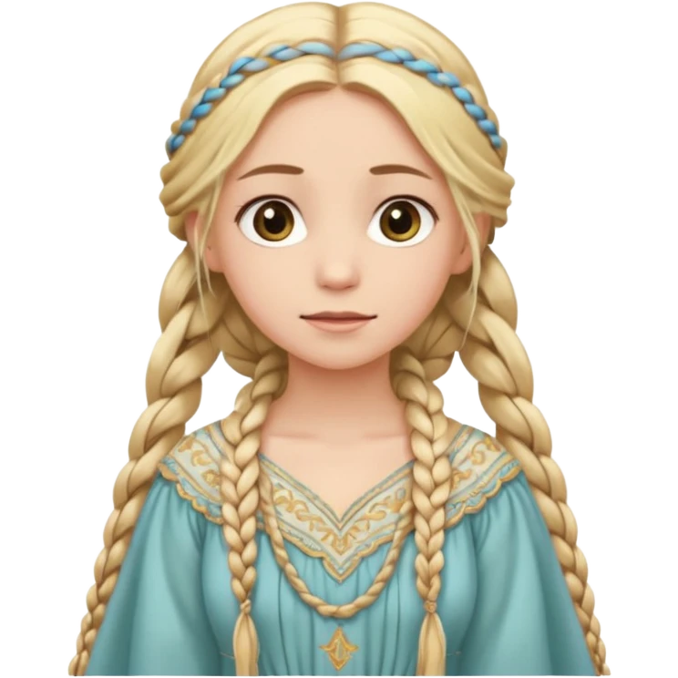 
mujer, Joven, de aspecto dulce y elegante.
Piel clara, ojos grandes y expresivos (pueden ser azules o verdes), sonrisa triste.
Rubio o castaño claro, largo, con trenzas o velo.
Vestido largo de tonos suaves (blanco, azul o lavanda), con bordados dorados; un manto o toca fina cubriendo la cabeza.
 emoji