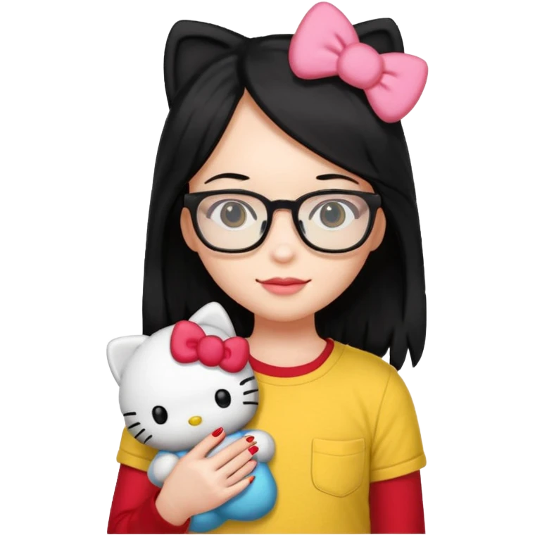 Nails cute with hello kitty wear glasses black long  hair, wear yellow shirt , red nails , big hello kitty emoji