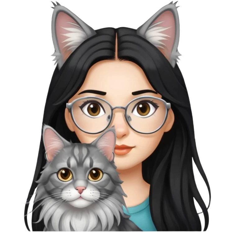 a silver based Maine Coon cat and a black hair glasses girl emoji