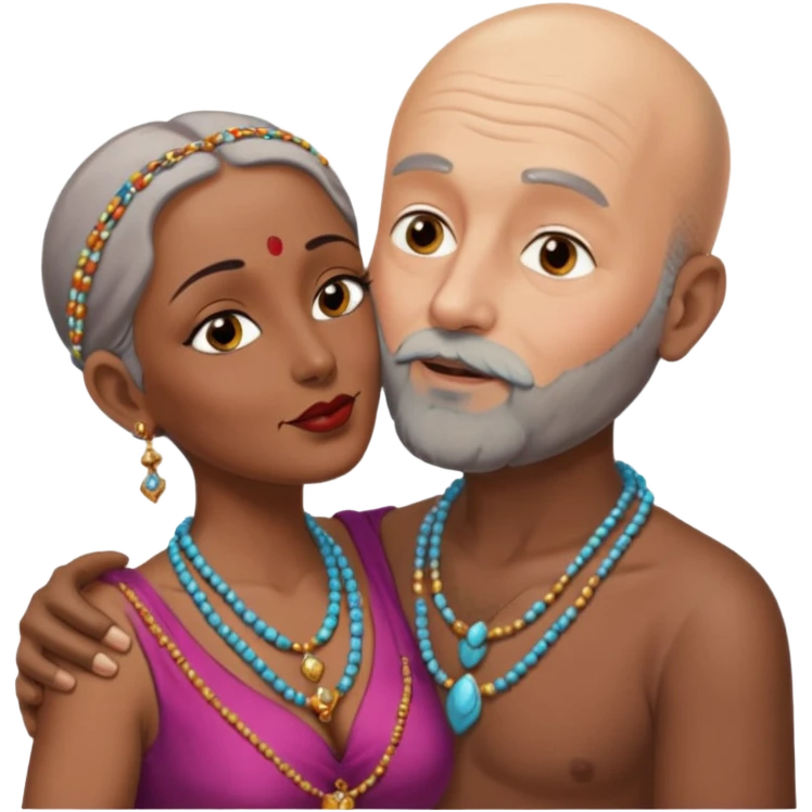 A man in his 60s balding with a grey beard passionately kissing the vagina  of an Indian woman in her 40s wearing a beads chain with here cleavage visible and embracing the man emoji