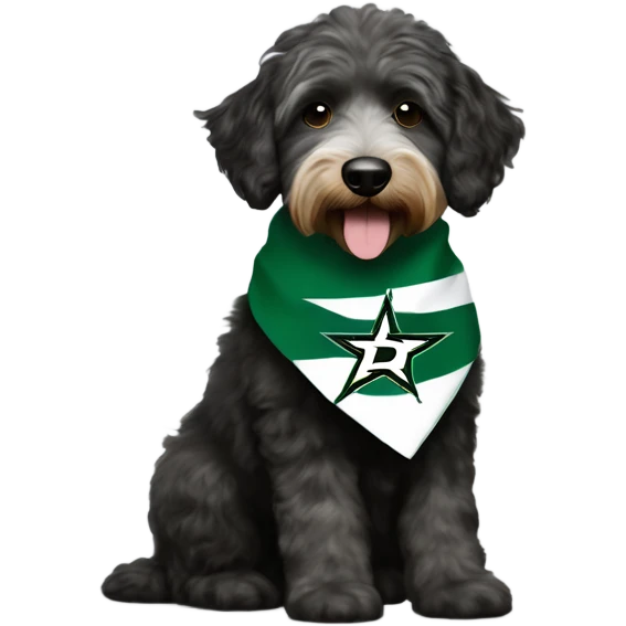 Aussiedoodle wearing a bandana with the NHL Dallas Stars hockey team logo emoji