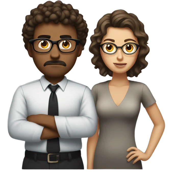 Create a guy with short curly brown hair and glasses. With a glass board background and an angry woman next to him emoji