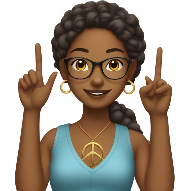 Brown skin girl wearing glasses with gold hoop earrings on , doing the peace sign emoji