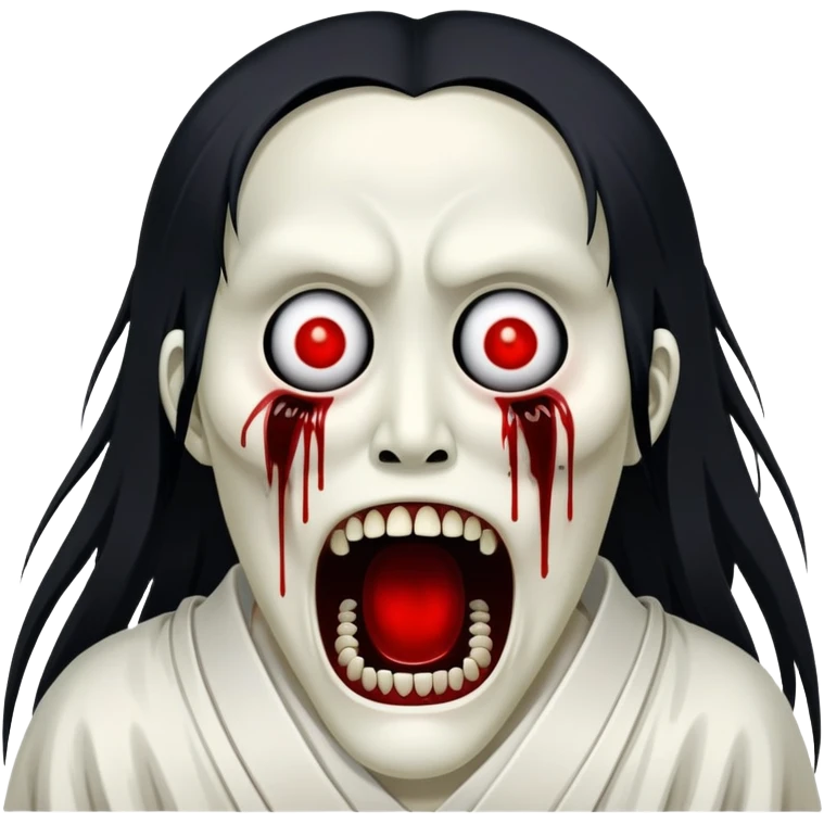 terrifying japanese yurei ghost with pale distorted face, black hollow eyes, impossibly wide mouth filled with countless needle-like teeth, blood stains, contorted body emoji