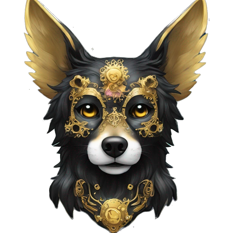 Black iridescent fluffy dog fox head skull zombie skull skeleton gold mechanical steampunk raven wings nebula galaxy stars colorful flowers fairy lights vintage emoji