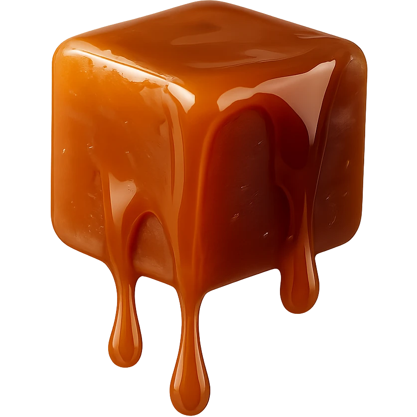 realistic cube-shaped caramel toffee piece, glossy, with drops of caramel dripping off, no face, no cartoon or drawn style emoji