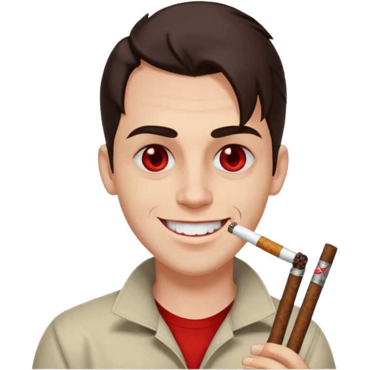 A white man with dark brown hair in a ponytail, oversized bloodshot eyes, grinning, smoking a long spliff  emoji