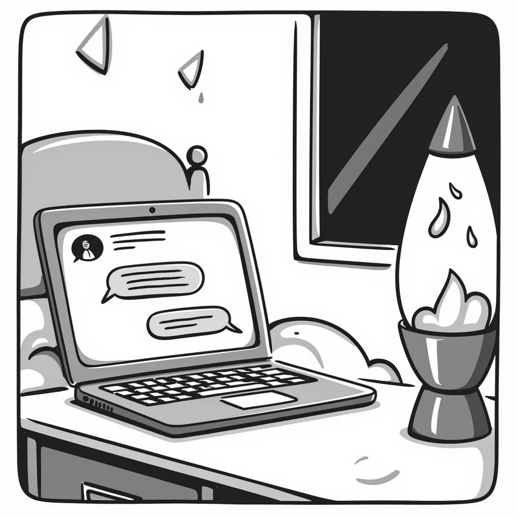 A bedroom lit by a lava lamp and an open laptop running early 2000s MSN Messenger

 emoji
