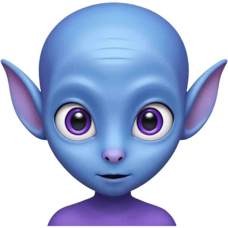 Portrait of an cute alien with smooth purple-blue skin, small antennae, large black oval eyes, small nose, and visible ears, elongated head, front-facing, wearing blue t-shirt, soft glow, simple futuristic design emoji