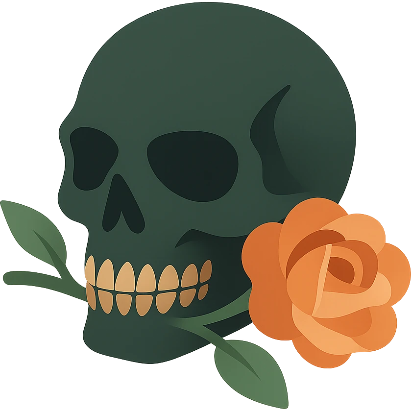 A dark, mysterious skull with a gothic, haunting atmosphere, featuring a soft color palette: golden orange (FA9B41), deep forest green (4A7C5C), muted taupe brown (96775A), and pastel peach (FFCC9A). The skull has sharp, angular features and hollow eye sockets, exuding a sense of mystery. A single, delicate rose lies across the skull, its petals in rich shades of peach and soft orange, with a deep green stem. The contrast between the dark skull and the soft, vibrant rose creates a striking, emotional effect. The background is dimly lit, with subtle shadows and perhaps a faint glow, enhancing the gothic yet strangely beautiful atmosphere. emoji