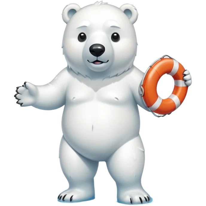 full body friendly anthropomorphised polar bear wearing swim shorts and swim goggles, standing in a puddle, holding a life buoy emoji