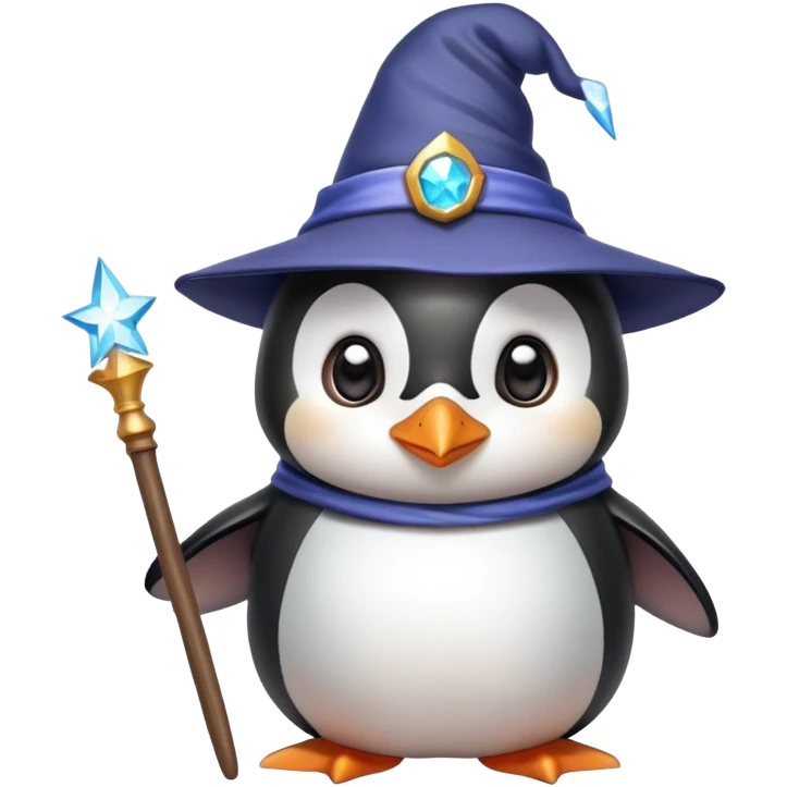 Cute penguin wearing wizard hat and holding a magic wand emoji