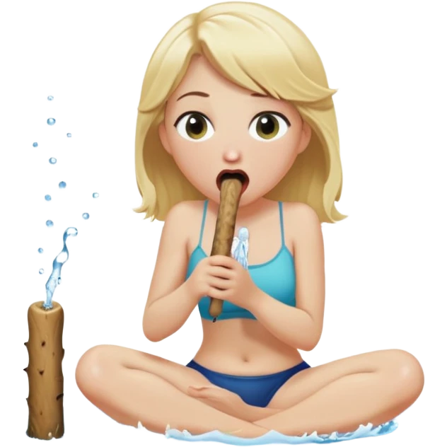 blond woman sitting on her knees, eating a wide stick with a half-round D-shaped knob, both the stick and knob are the same color as her skin, the knob has visible skin texture, water stream squirting from the flat side of the knob into her open mouth, surprised expression emoji