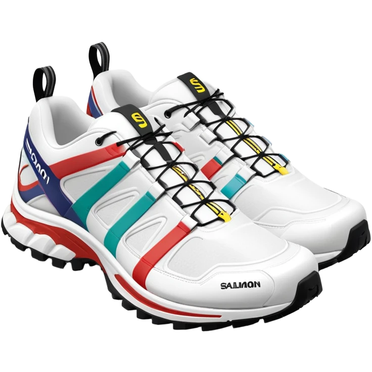 Clean white Salomon XT-6 sneakers with prominent colored Salomon logo stripe in the middle, one behind the other, iOS emoji style, white design with only the middle brand stripe in color emoji