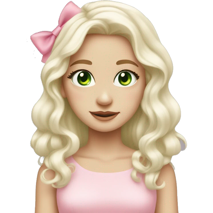 pale blonde girl with long platinum white wavy hair with bright green eyes and wearing a light pink hair bow  emoji