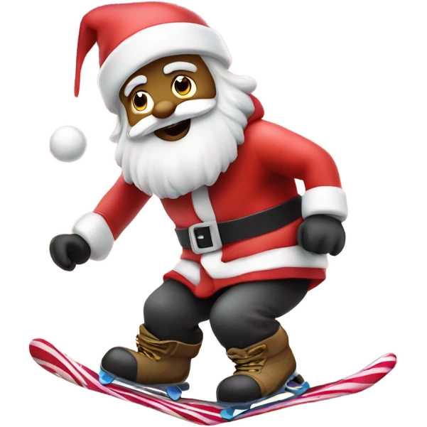 Santa snowboarding with a candy cane emoji