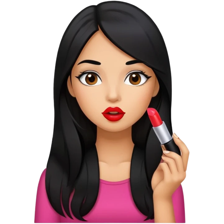 Girly girl young, tanned long black hair, putting on lipstick emoji