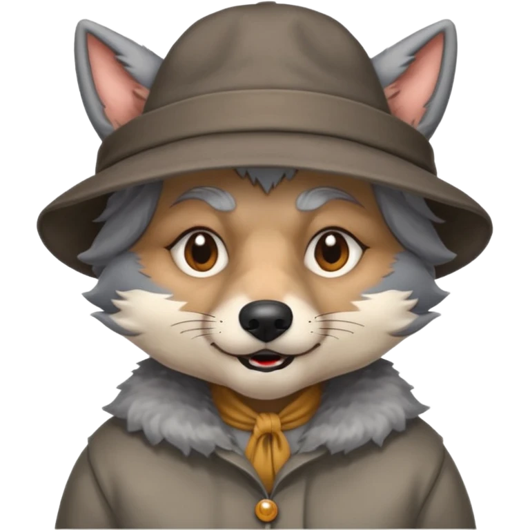 The big bad wolf is wearing Grandma's clothes and a hat, yet its face still looks like a wolf's. emoji
