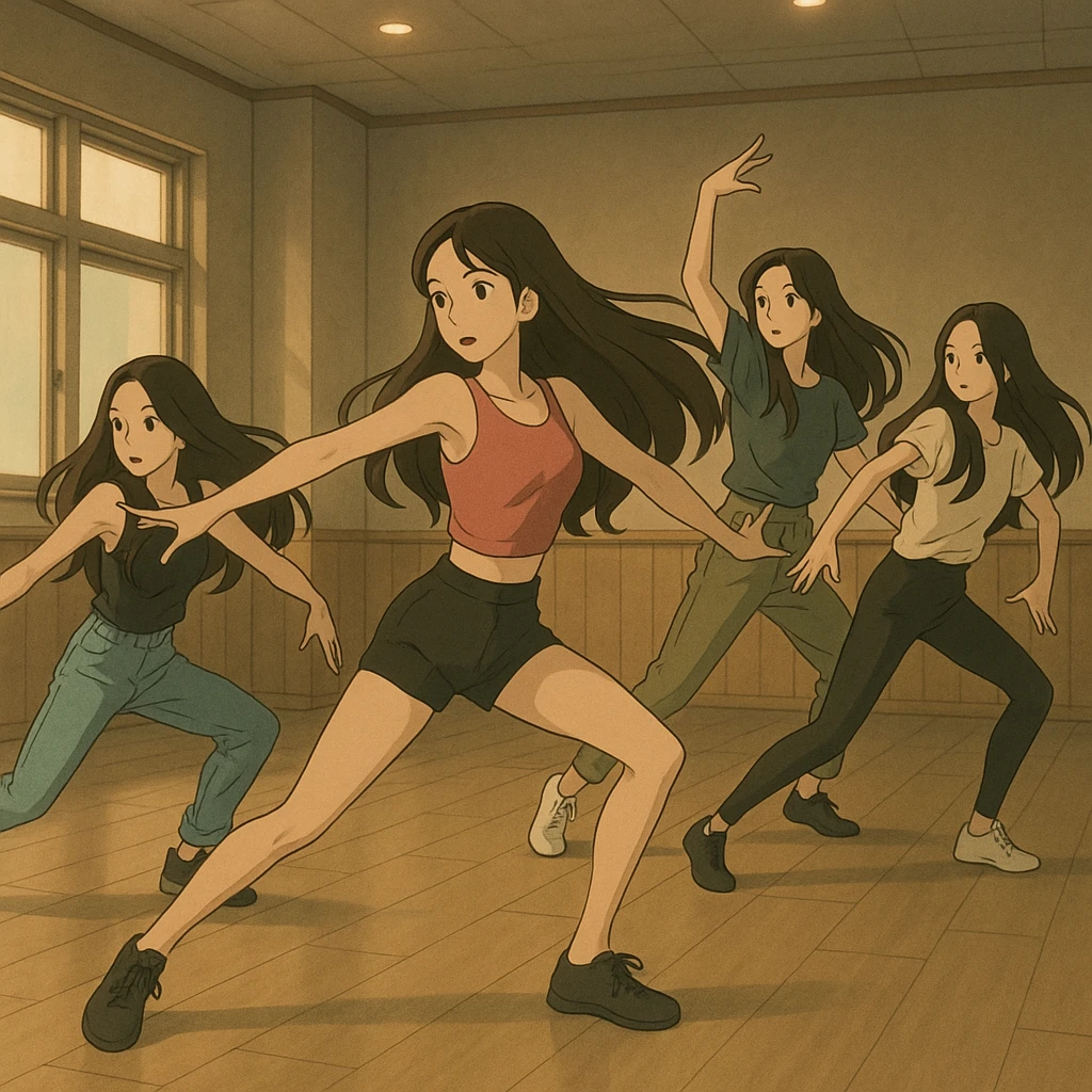 beautiful skinny women with long dark brown hair, kpop girl group at dance practice, dynamic dance pose, soft lighting, practice room, ghibli style emoji