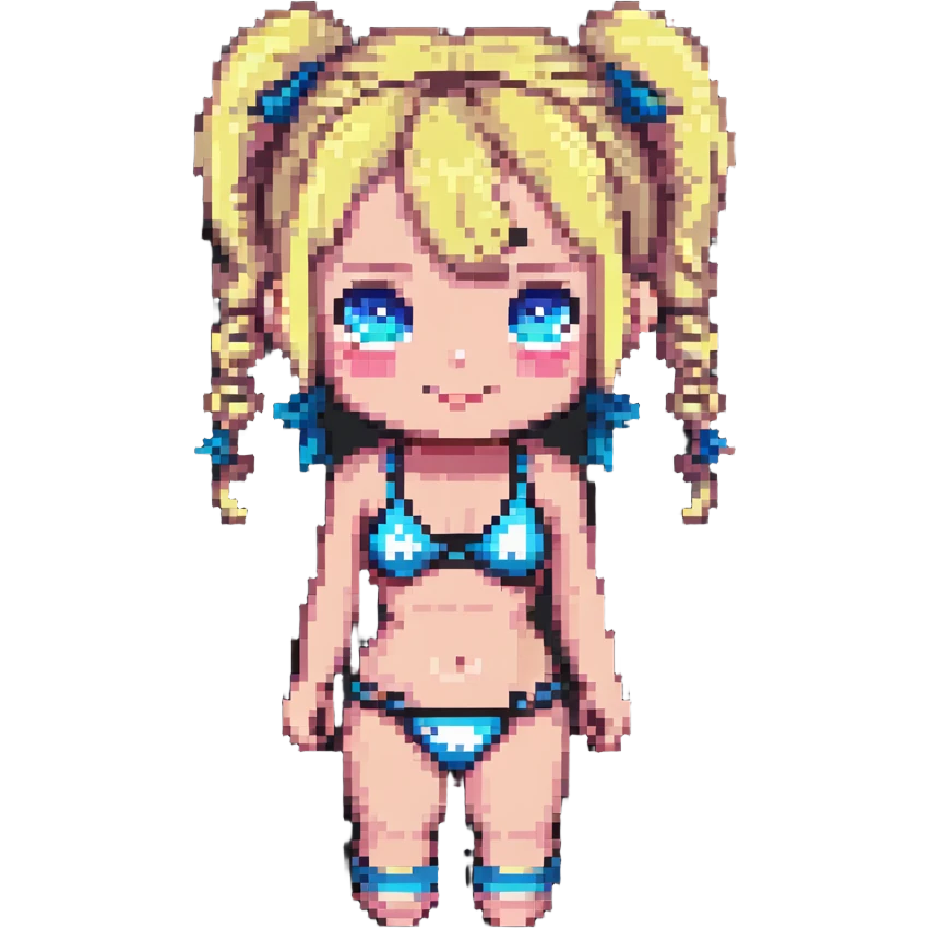 Blonde girl with pigtails, blue eyes, wearing a bikini, cute pixelated character emoji