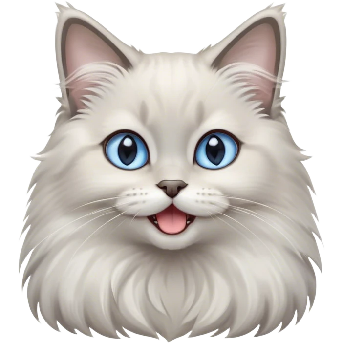 Cinematic Adorable Fluffy Light Grey Mantle Ragdoll Cat Portrait Emoji, Head tilted cutely with big, sparkling blue eyes, soft light grey fur with darker points on the ears, face, and paws, Simplified yet irresistibly adorable features, highly detailed, glowing with a soft, warm glow, high shine, yawning in a peaceful and playful manner, stylized with a touch of whimsy, bright and endearing, soft glowing outline, capturing the essence of a relaxed and loving kitten, so cute it feels like it could leap out of the screen and stretch into a cozy nap! emoji