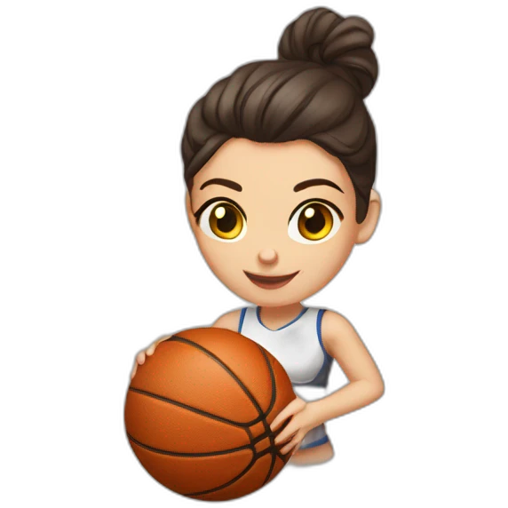 White skin brunette female playing football with very small basket ball emoji