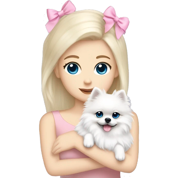 Blond girl white skin blue eyes hugging white Pomeranian with light pink bow emoji