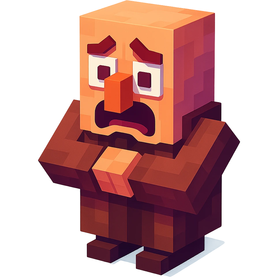 Minecraft villager, 3D blocky voxel style, brown robe, large nose, facing forward, sad and scared expression, horror style emoji