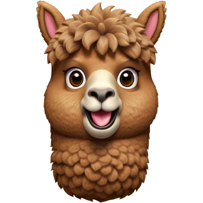 Cinematic Comical Brown Alpaca Portrait Emoji, Head tilted dramatically with an exaggeratedly amused expression, featuring a striking, plush brown fleece with playful texture, wide, expressive warm eyes filled with playful disbelief, Simplified yet hilariously expressive features, highly detailed, glowing with a slightly sassy glow, high shine, dramatic yet playful, stylized with an air of cheeky mischief, bright and endearing, soft glowing outline, capturing the essence of a spirited and over-the-top alpaca, so meme-worthy it feels like it could side-eye its way into internet fame instantly! emoji
