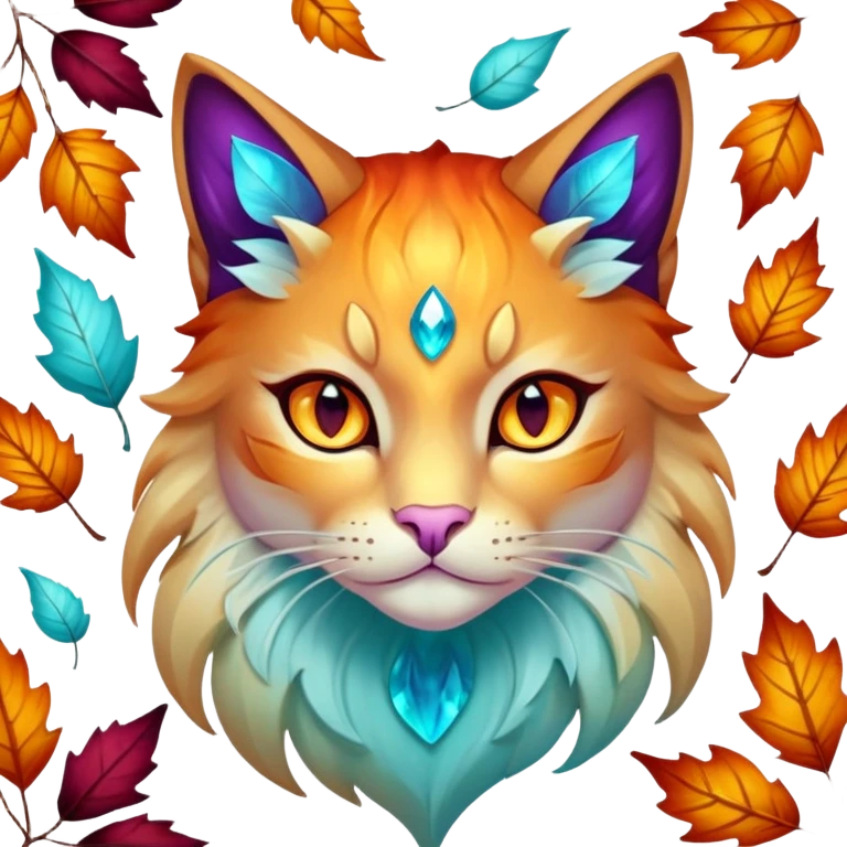 This fascinating hybrid creature combines the crystalline structure of a feline with the warm autumn foliage of a leaf being. Its core body maintains the sleek shape of a cat but is composed of translucent crystals that shift between turquoise blue and amber-orange hues. The creature's face features a blend of feline features with the gentle expression of the leaf being – sharp crystalline ears frame a round, friendly face with glowing purple-amber eyes. Most striking is how autumn leaves emerge from its crystalline body, forming a mane-like collar around its neck and sprouting along its spine and tail. These leaves shimmer with both crystalline properties and natural autumn colors – orange, gold, and deep red – with visible veining that occasionally pulses with energy. When the creature moves, the leaves rustle softly while the crystal body catches light, creating a mesmerizing display of nature and gemstone elements. emoji