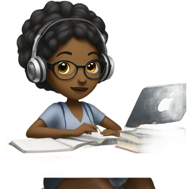 Balck Female with headphones Studying in library looking at iPad  emoji