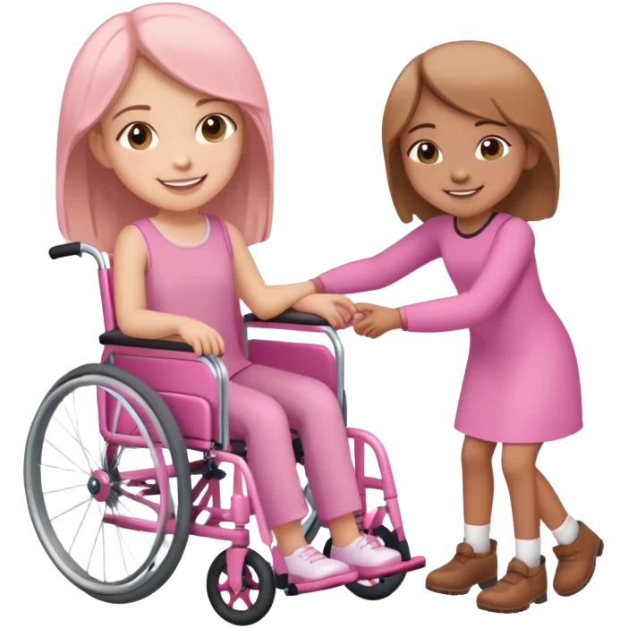One light brown sister pushing her brown sister in a pink wheelchair emoji