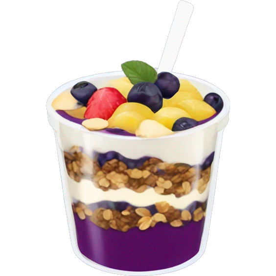 Açaí in a clear cup with layers of fruits and granola and condensed milk emoji