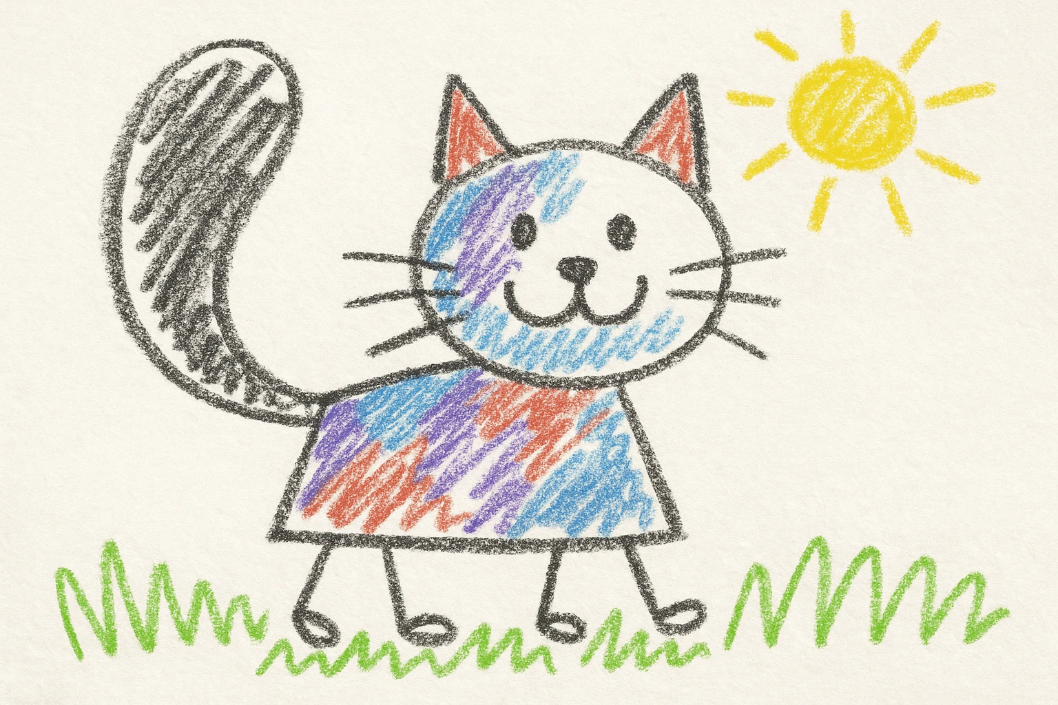 a playful cat with a big tail, children's doodle style emoji