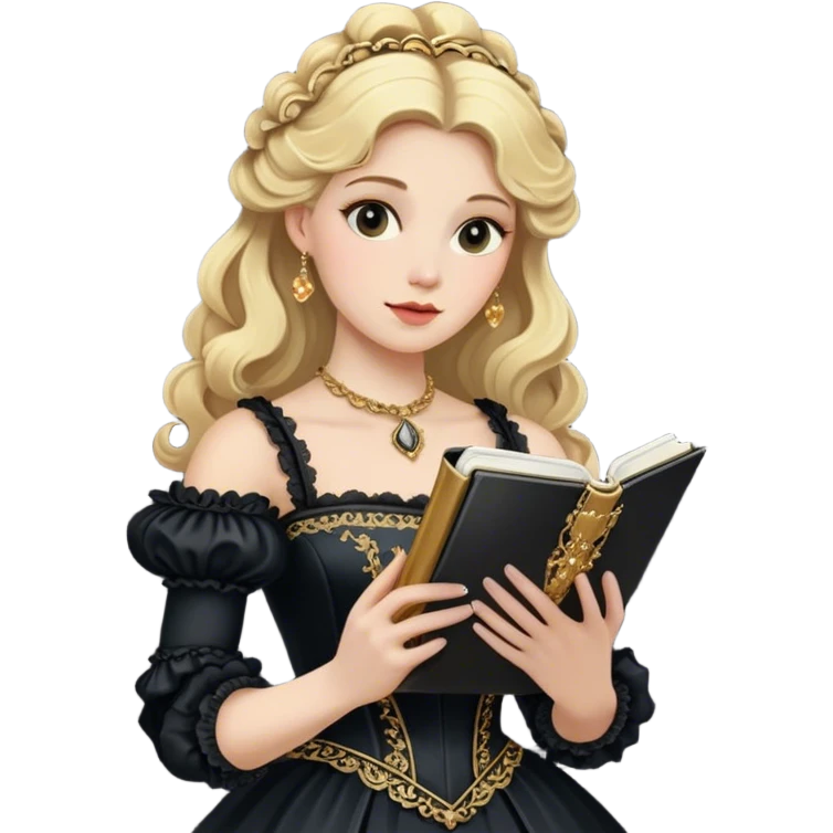 Blonde model wearing a black rococo gown clutching a golden notebook emoji