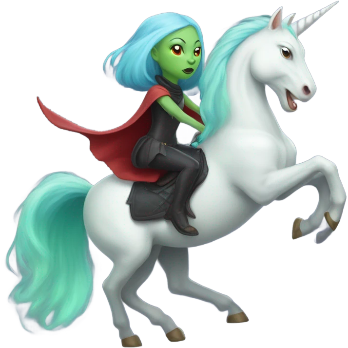 [politically incorrect, (
	{ female, alien, witch, color: light green, hair:red, eyes:cat} ]
	on a 
	[{ unicorn: white, legged:four, mane: light blue }]) emoji