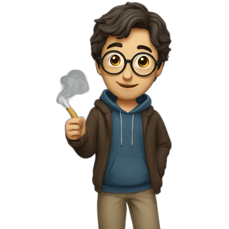 a guy who looks like harry potter wearing a hoodie, smoking a pipe, and giving a thumbs-up emoji