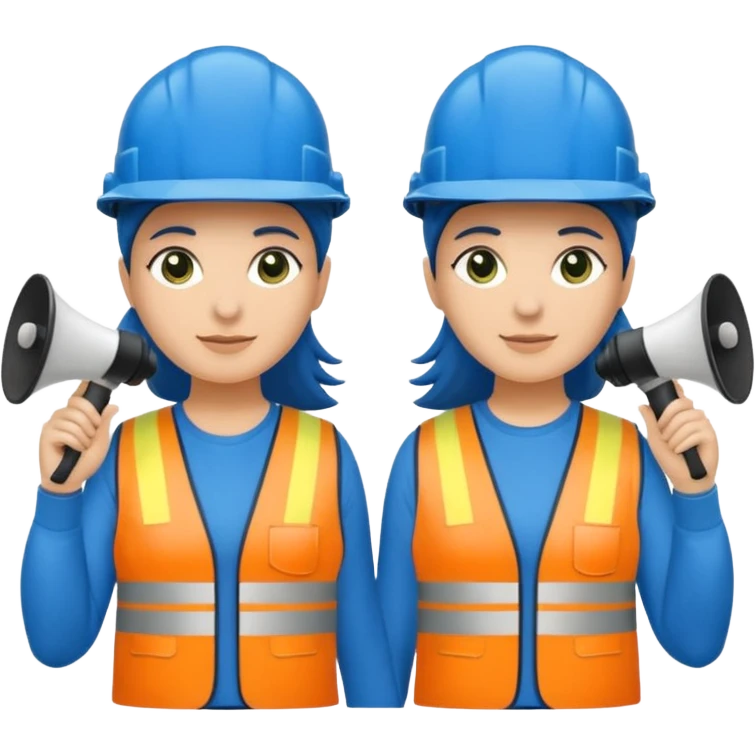 Duas pessoas com capacete de obras azul e um megafone na mão e camisa social cinza com faixas reflexivas verdes nos braços. Deve ser um homem e uma mulher. Os dois capacetes devem será azul escuro. emoji