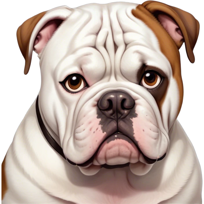 Cinematic Grumpy White and Brown American Bulldog Portrait Emoji, Head tilted slightly with a deeply unimpressed expression, thick white fur with dark brown patches and a furrowed brow, large, droopy eyes narrowed into an unamused glare, jowls slightly sagging in exasperation, Simplified yet comically expressive features, highly detailed, glowing with a dry, sarcastic glow, high shine, effortlessly judgmental yet dignified, stylized with a touch of cynicism, bright but brooding, soft glowing outline, capturing the essence of an eternally unimpressed yet endearing pup, so lifelike it feels like it could sigh heavily at you in disdain at any moment! emoji