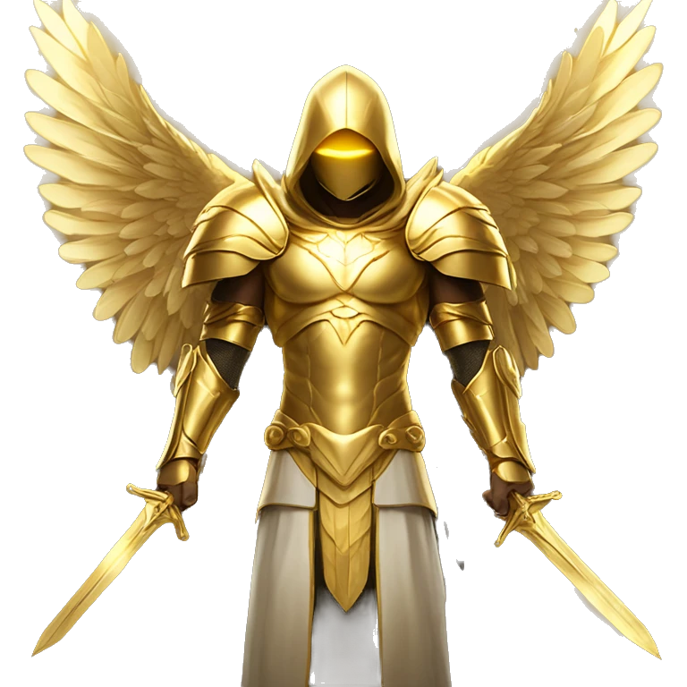 golden archangel, in full growth, with golden wings, rays of light coming from his face, golden armor, golden swords, in a golden hood emoji