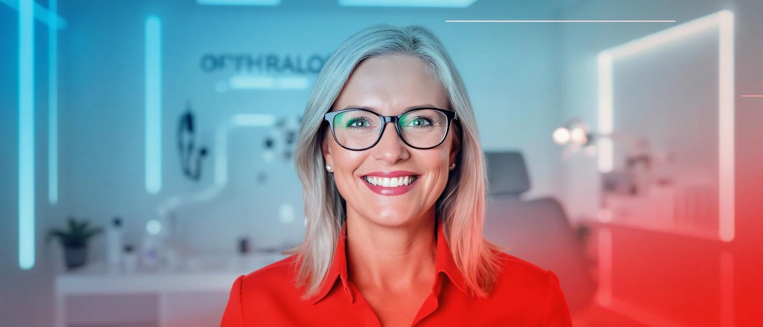 Cinematic still, Proffesional advertising of a smiling european white woman with glasses smiling, minimalistic ophthalmologist interior in background, leading  lines, "rule of thirds", 60/30/10 colors, soft light, blue and red emoji