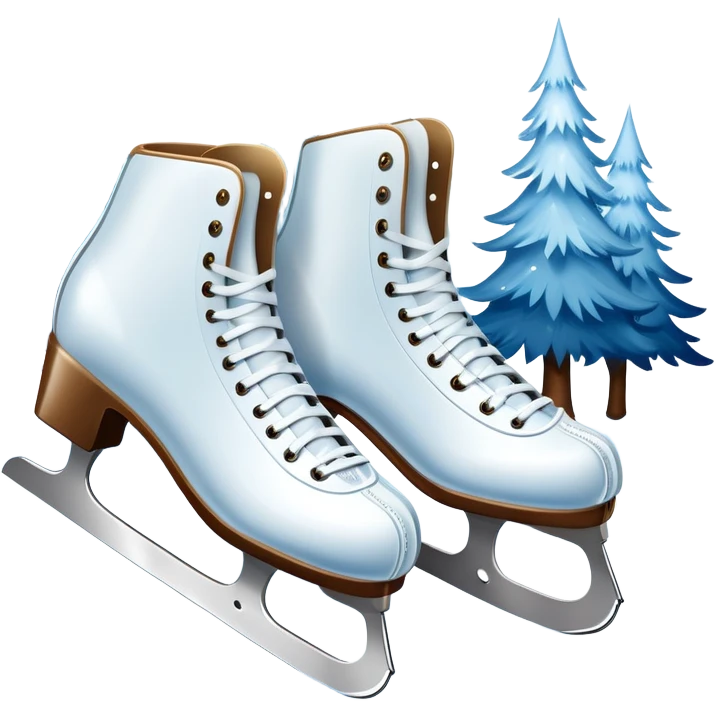 An icon showing In the background, twinkling lights, winter trees, and cheering spectators create a festive atmosphere. a pair of elegant ice skates gliding across a smooth, frozen rink with snowflakes in the air. Transparent background highlights the grace and charm of ice skating. emoji
