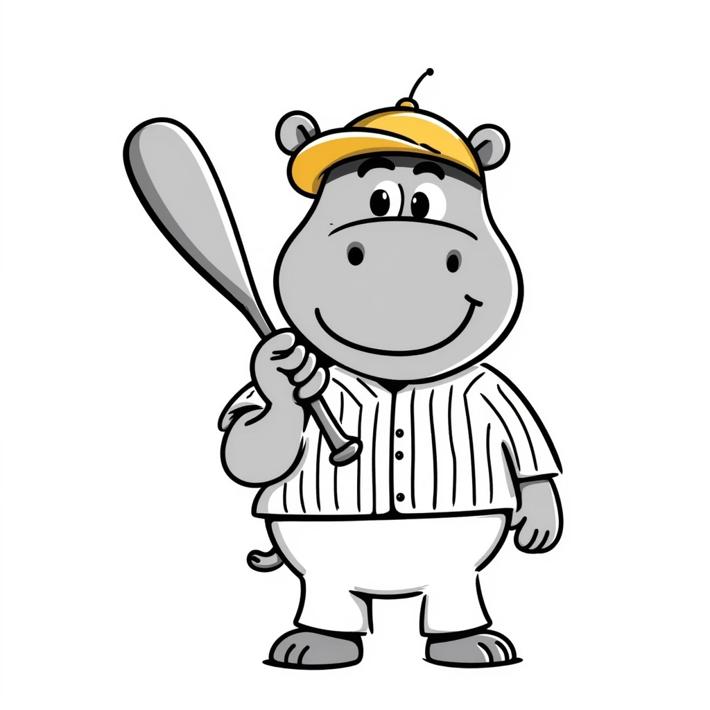 hippo holding a baseball bat, wearing a yellow helmet, pinstripes outfit emoji