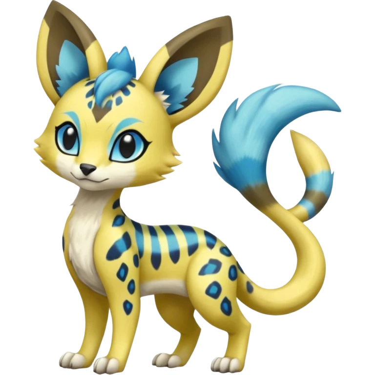 Colorful Yellow Meloetta-Sergal-Genet-Pokémon-Digimon-Fakémon-fusion-hybrid-creature with Cyan stripes and blue leopard-spot-markings  emoji