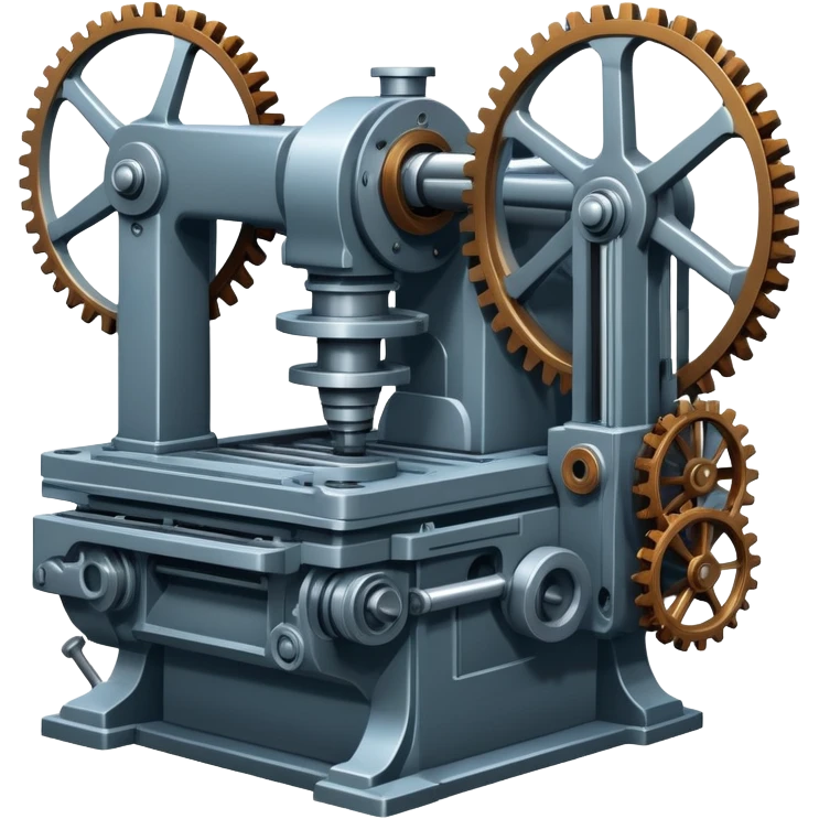 An icon featuring a giant machine tool in a factory workshop, symbolizing mechanical engineering. The design includes gears, levers, and mechanical components, representing the design and manufacturing of machinery. Transparent background highlights the precision emoji