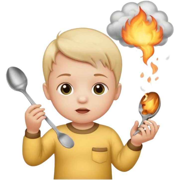 Baby with a spoon in one hand and lighter in the other with smoke coming off the spoon.  emoji